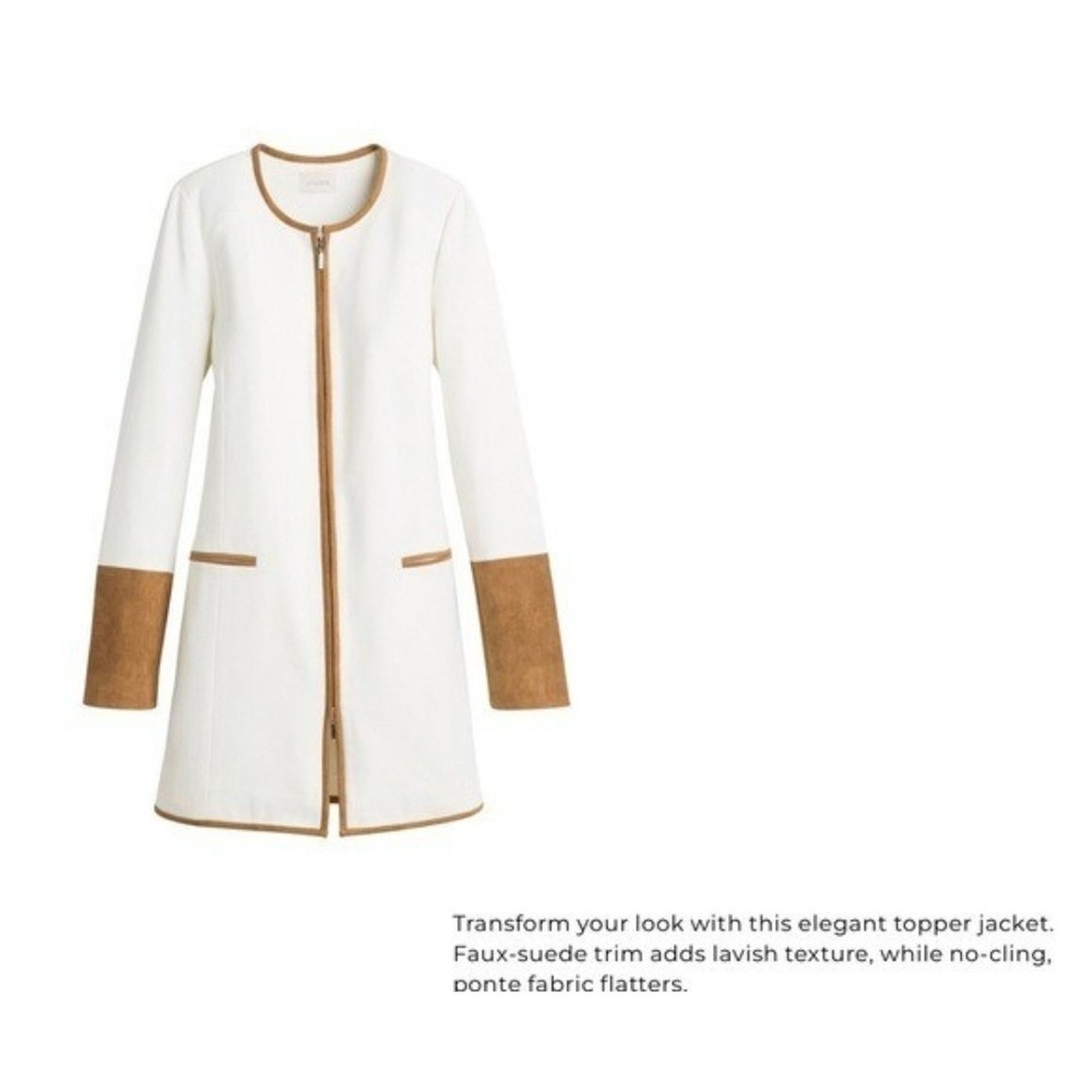 Chico's White Ponte Knit Suede Cuff Blazer Jacker Womens 1 Beige Brown Full Zip - Picture 2 of 16